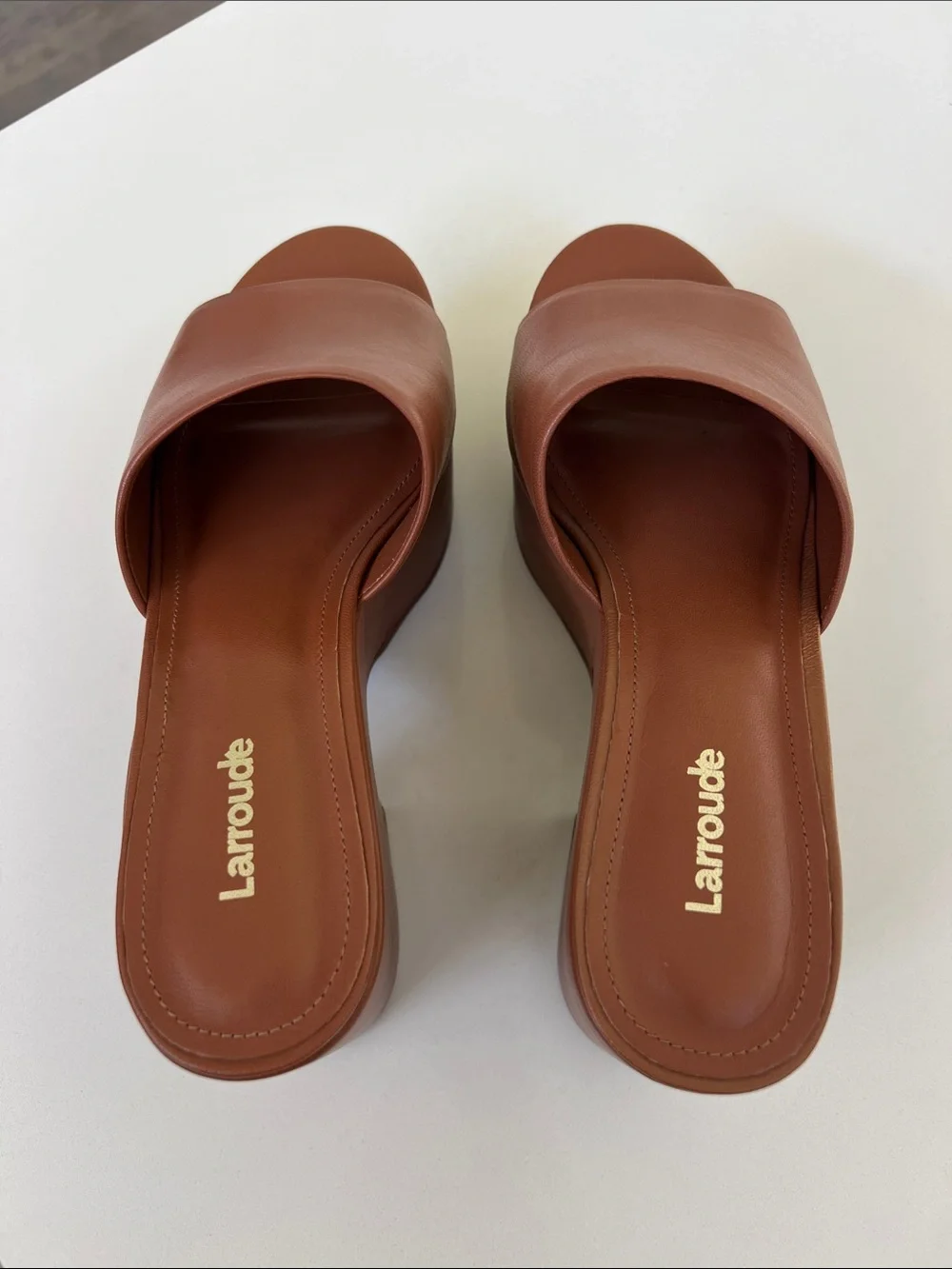 Larroude miso caramel tan brown open toe platform sandals heels 7